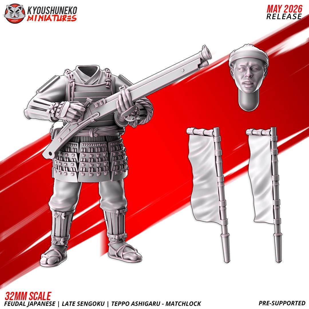Feudal Japanese Late Sengoku Teppo Ashigaru Musketmen Unit (10 models) Various Scales
