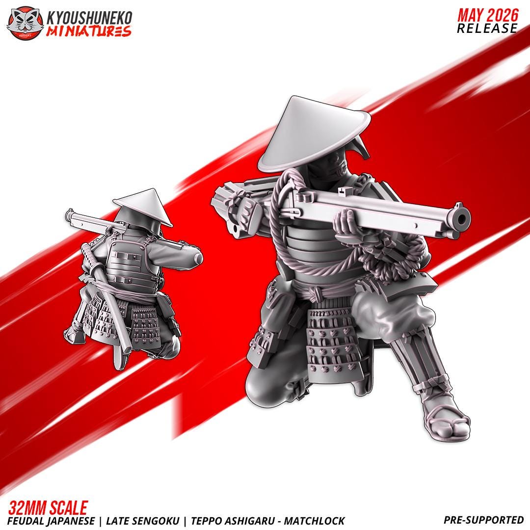 Feudal Japanese Late Sengoku Teppo Ashigaru Musketmen Unit (10 models) Various Scales