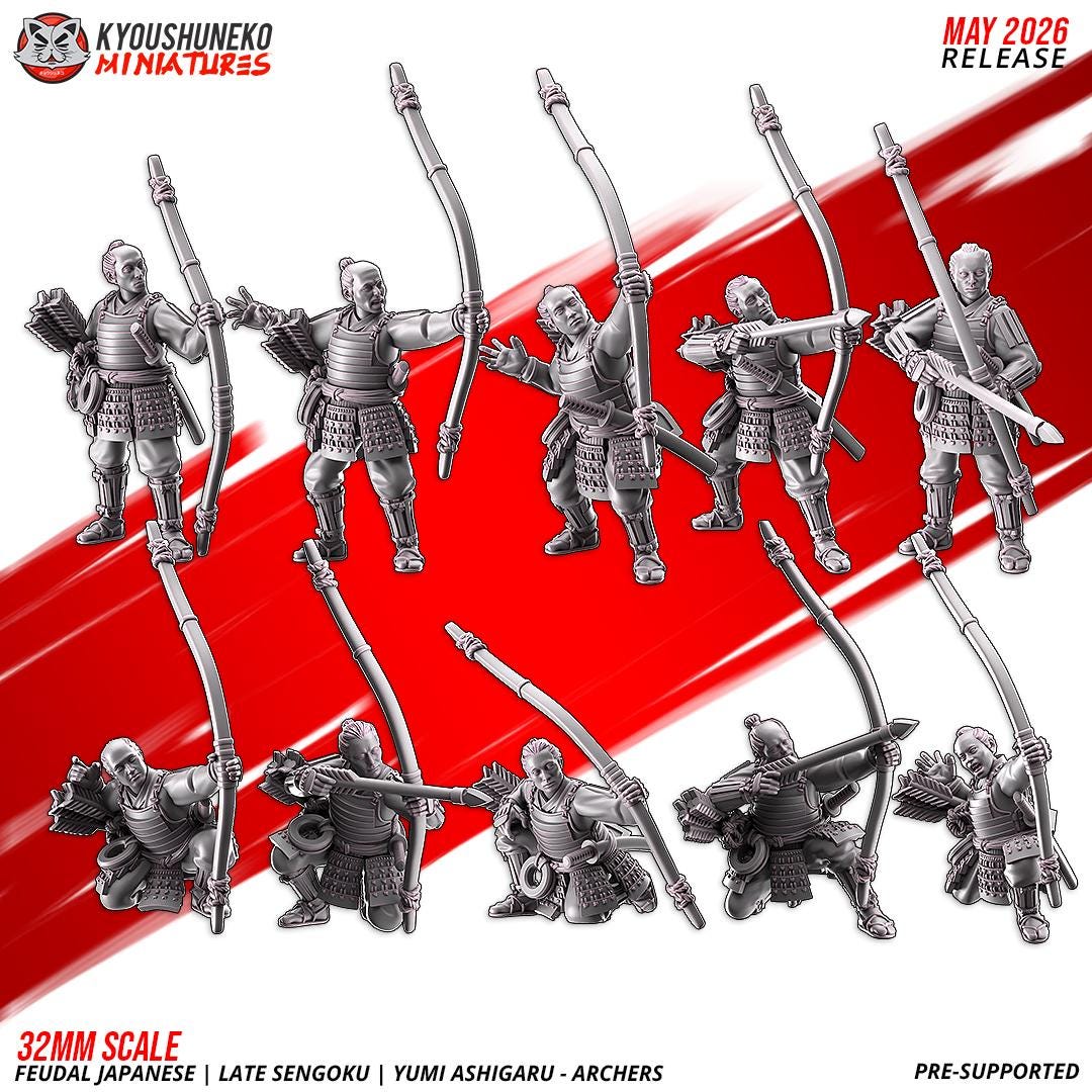 Feudal Japanese Late Sengoku Teppo Ashigaru Archer Unit (10 models) Various Scales