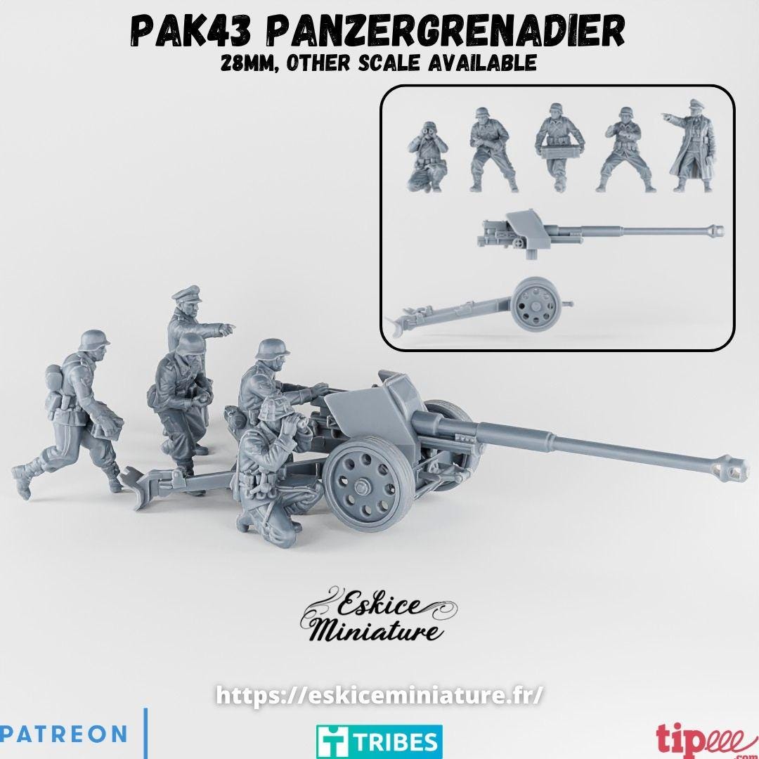 WWII German Panzergrenadier Pak 43 Anti Tank Gun with Crew (5 models) Various Scales Historical Wargaming