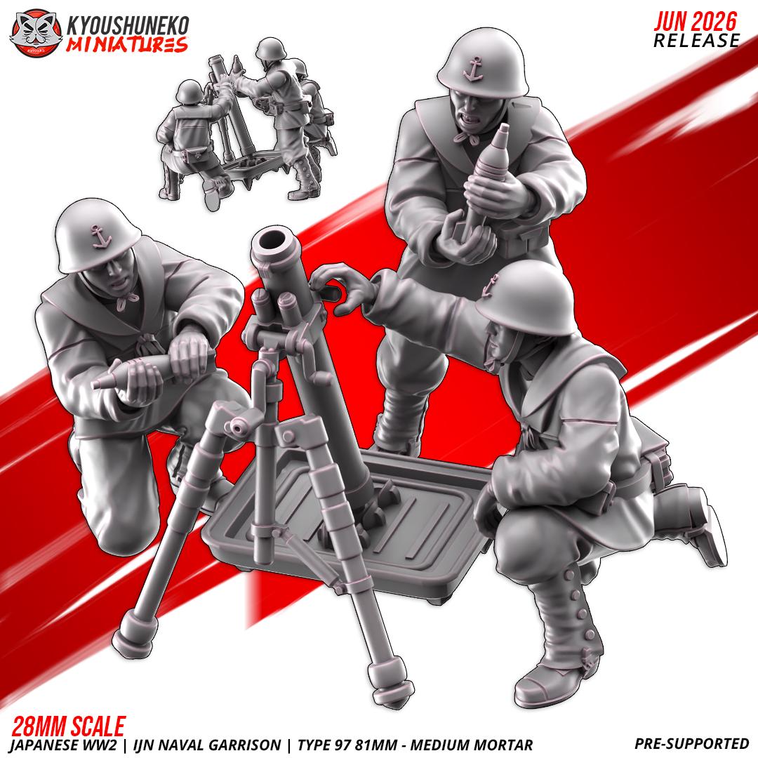 WWII Japanese Naval Garrison Type 97 81mm Medium Mortar Team (3 models) Various Scales Historical Wargaming