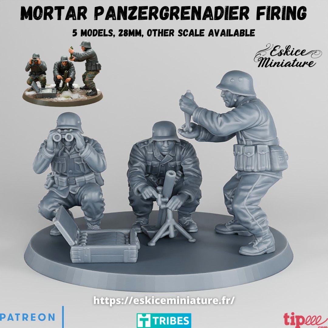 WWII German Panzergrenadier Mortar Team (3 models) Various Scales Historical Wargaming