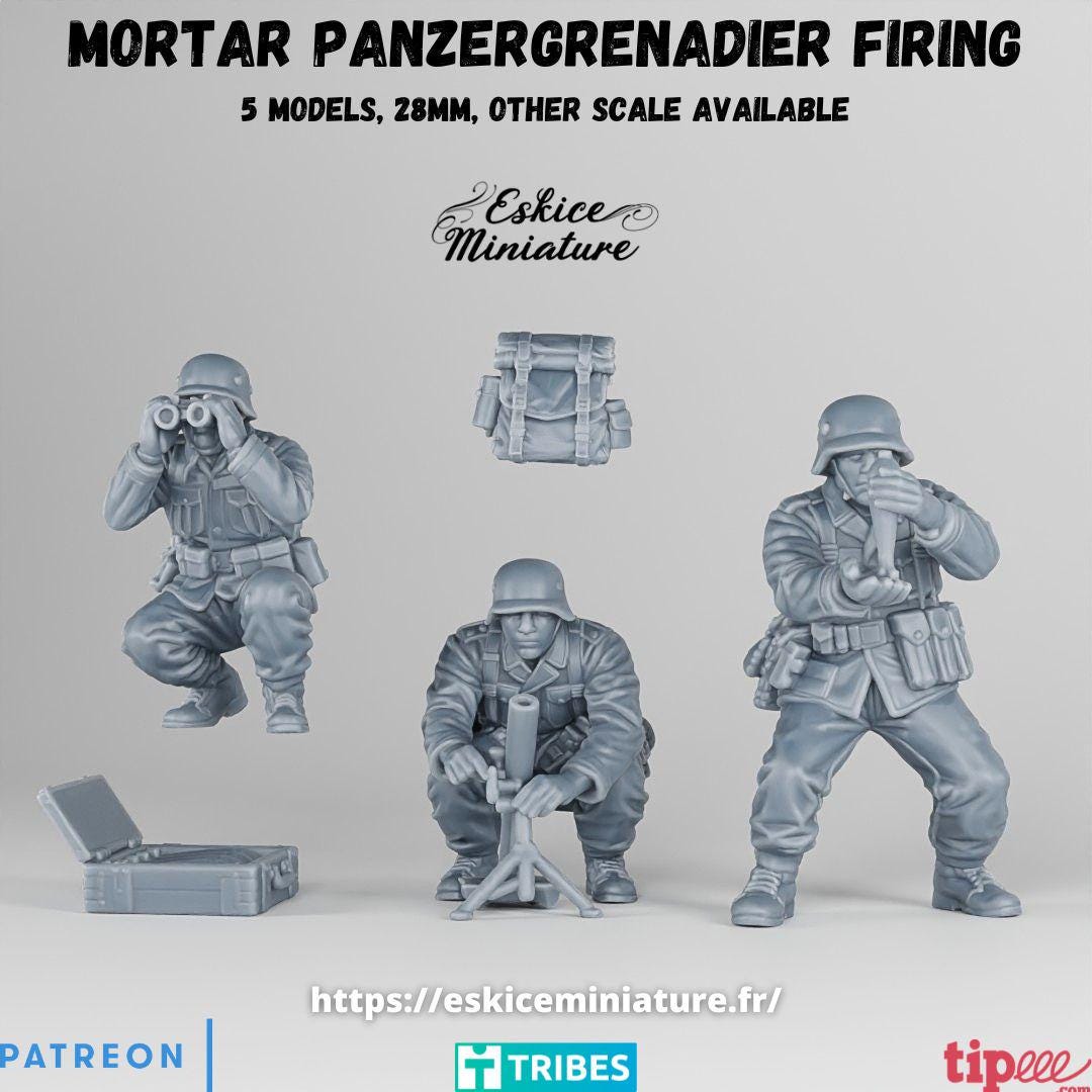 WWII German Panzergrenadier Mortar Team (3 models) Various Scales Historical Wargaming
